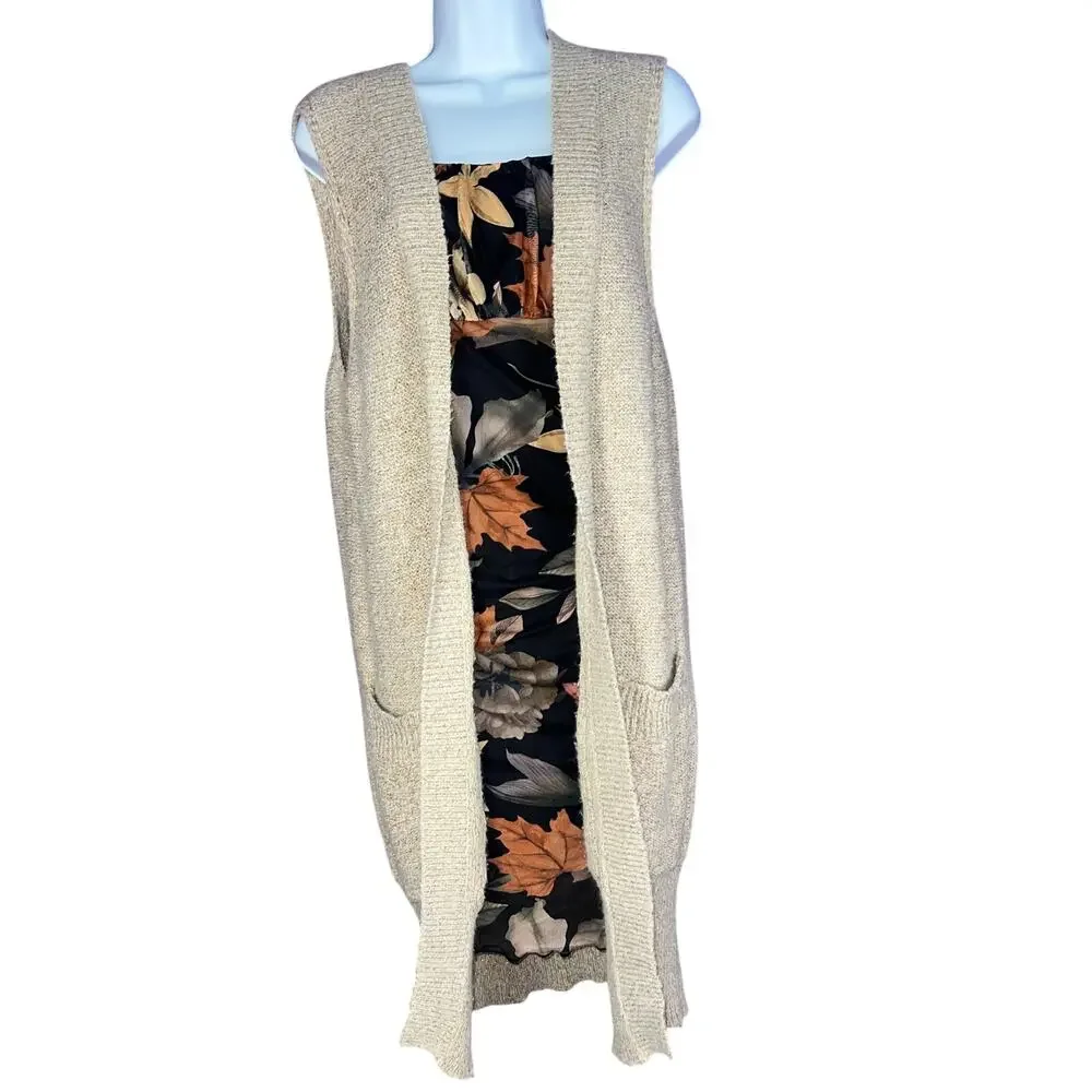 H&M Cream Long Sleeveless Knit Cardigan Layering Duster Vest Size Medium